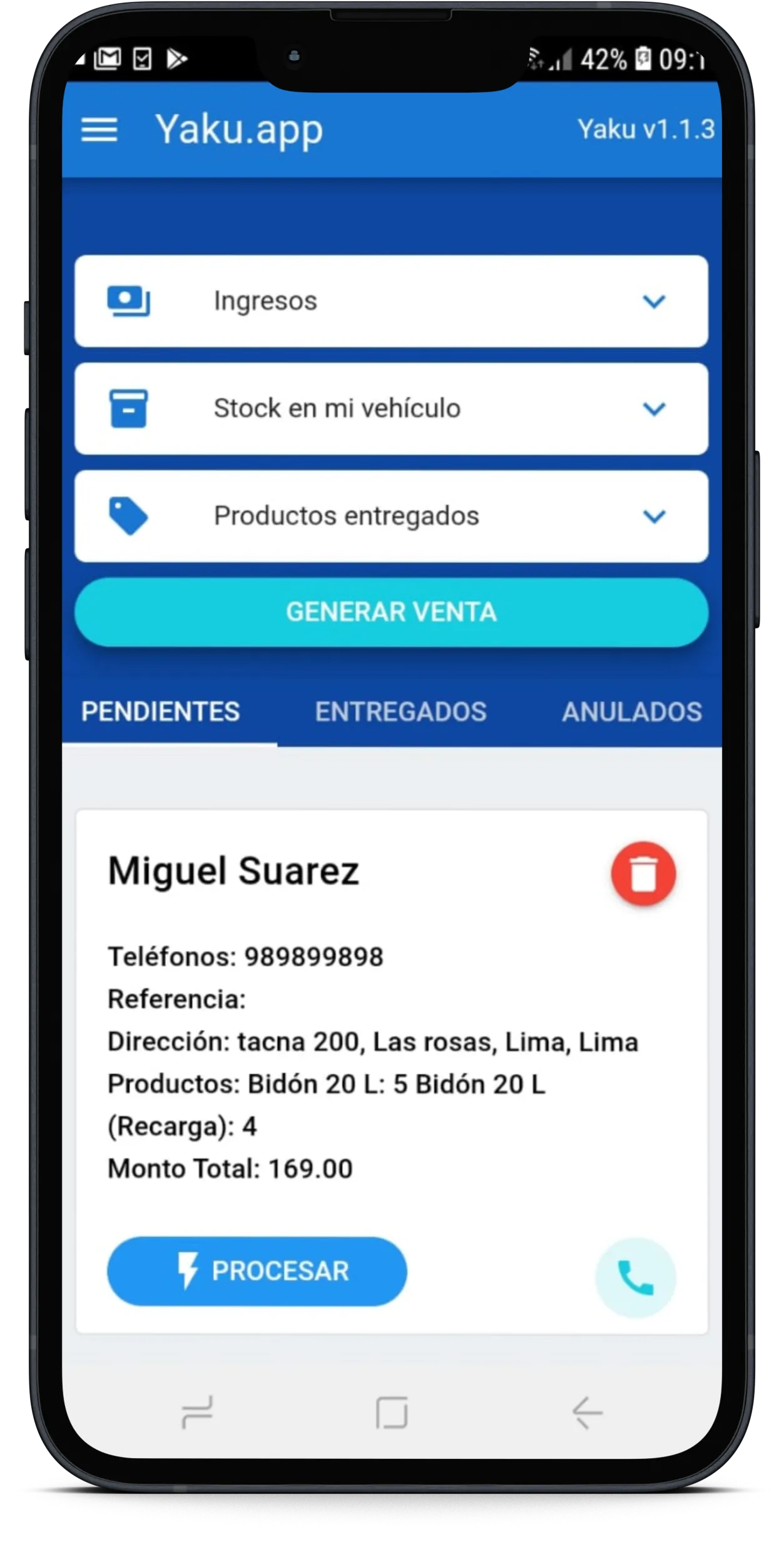 App móvil de Yaku para repartidores con pedidos pendientes